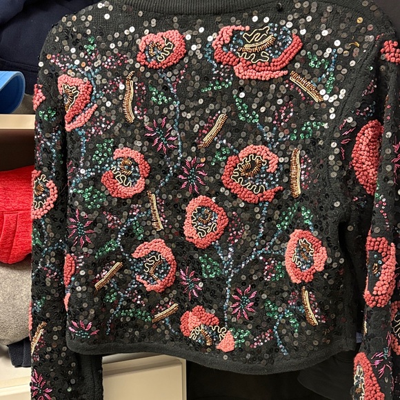 Maje Black Bomber Jacket with Pink Floral Beading - Picture 6 of 6